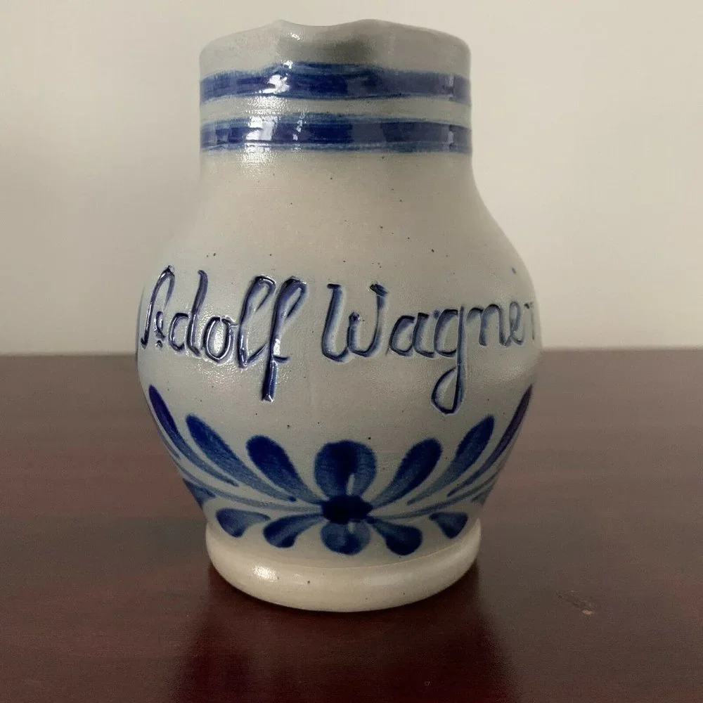 VTG 5” German HANDARBEIT Salt Glazed Cobalt Light Blue Pottery Pitcher A. Wagner - Picture 3 of 11